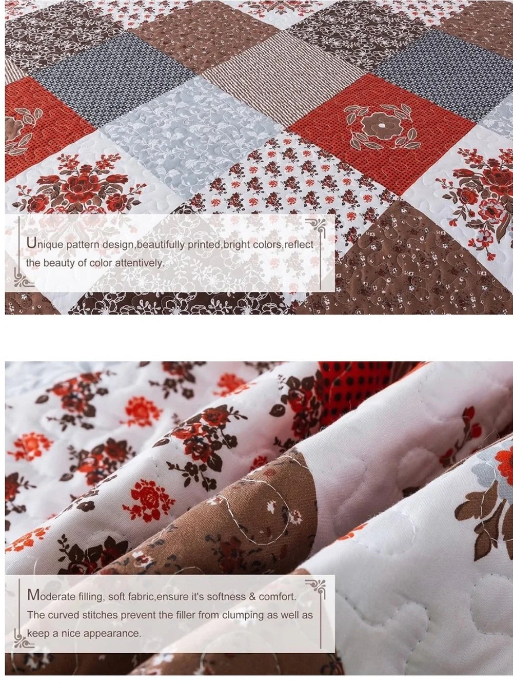 Honeylove Quilted Patchwork Bedspread in Rust, Brown & Gray